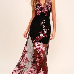 M - Lulu's Work the Bloom Wine Red and Black Embroidered Maxi Dress
